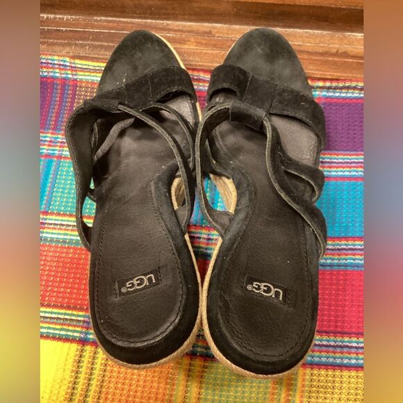 Ugg Black High Heeled Slip on Leather Sandals Braided Jute Covered Heels Sz 9 - Picture 4 of 16